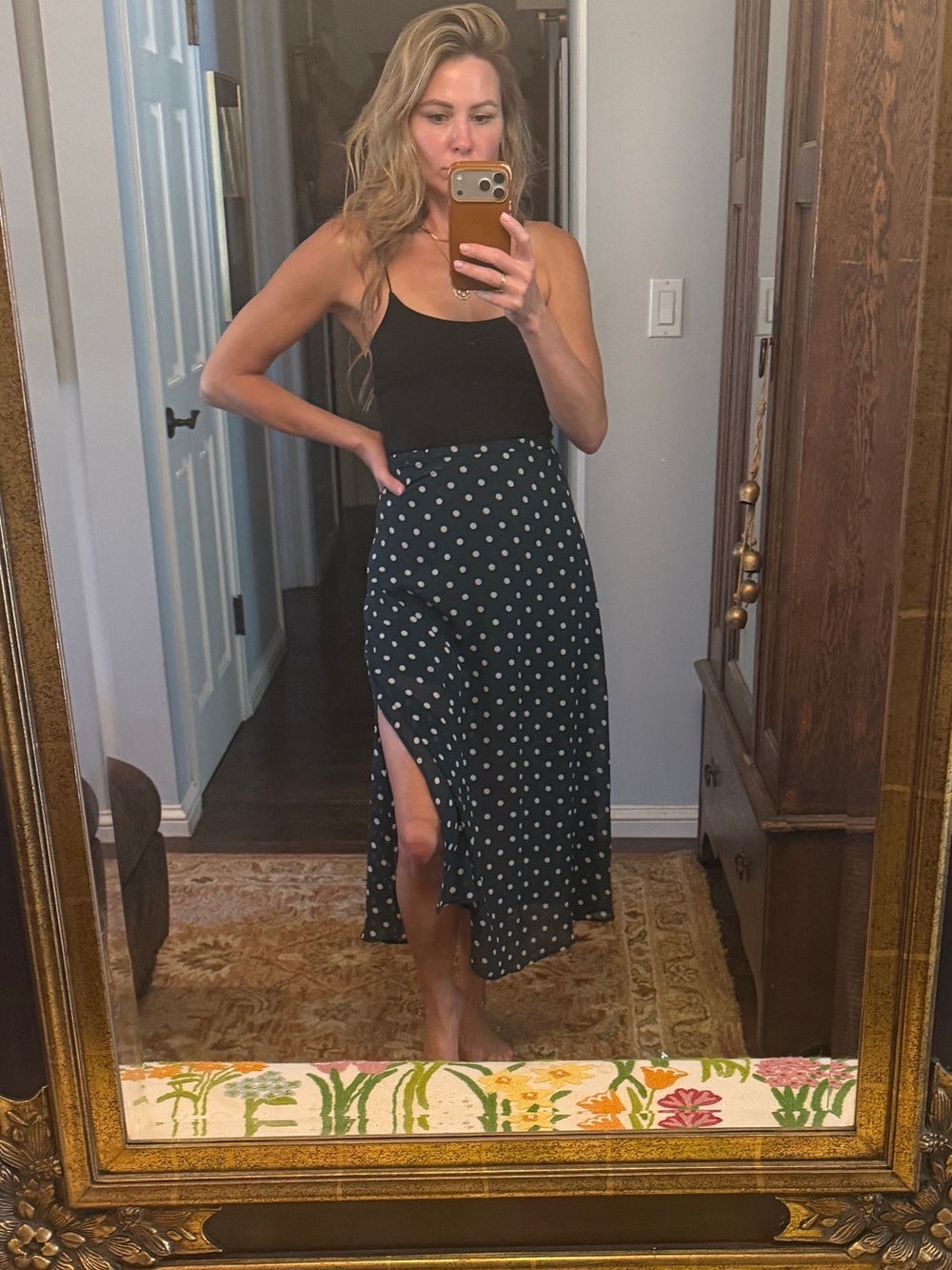 Vintage Teal Maxi Skirt with White Polka Dots